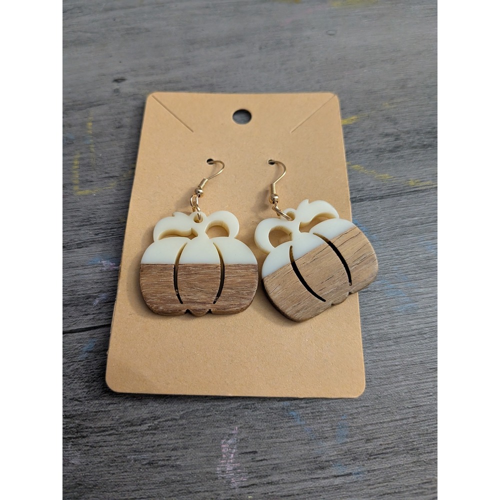 Handmade Wood and Resin Pumpkin Drop Earrings Cream Brown Fall Autumn Jewelry